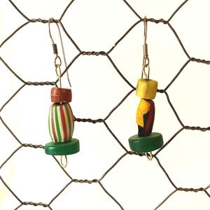 Vintage Earrings African Trade Bead Handmade Jewelry Pierced Green Yellow